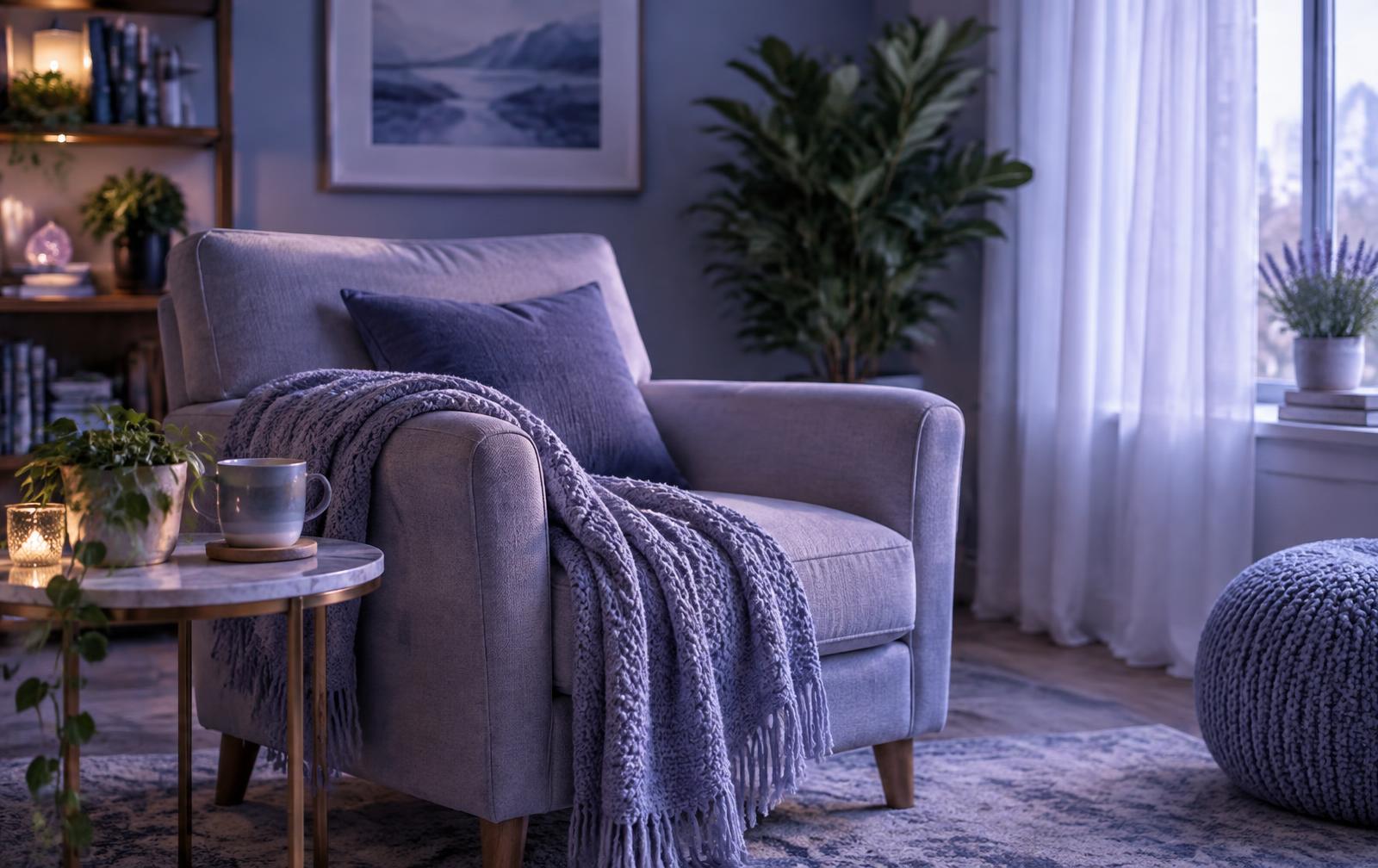 A calm therapy space with a comfortable armchair, a soft blanket, a cup of tea, and plants by a sunlit window