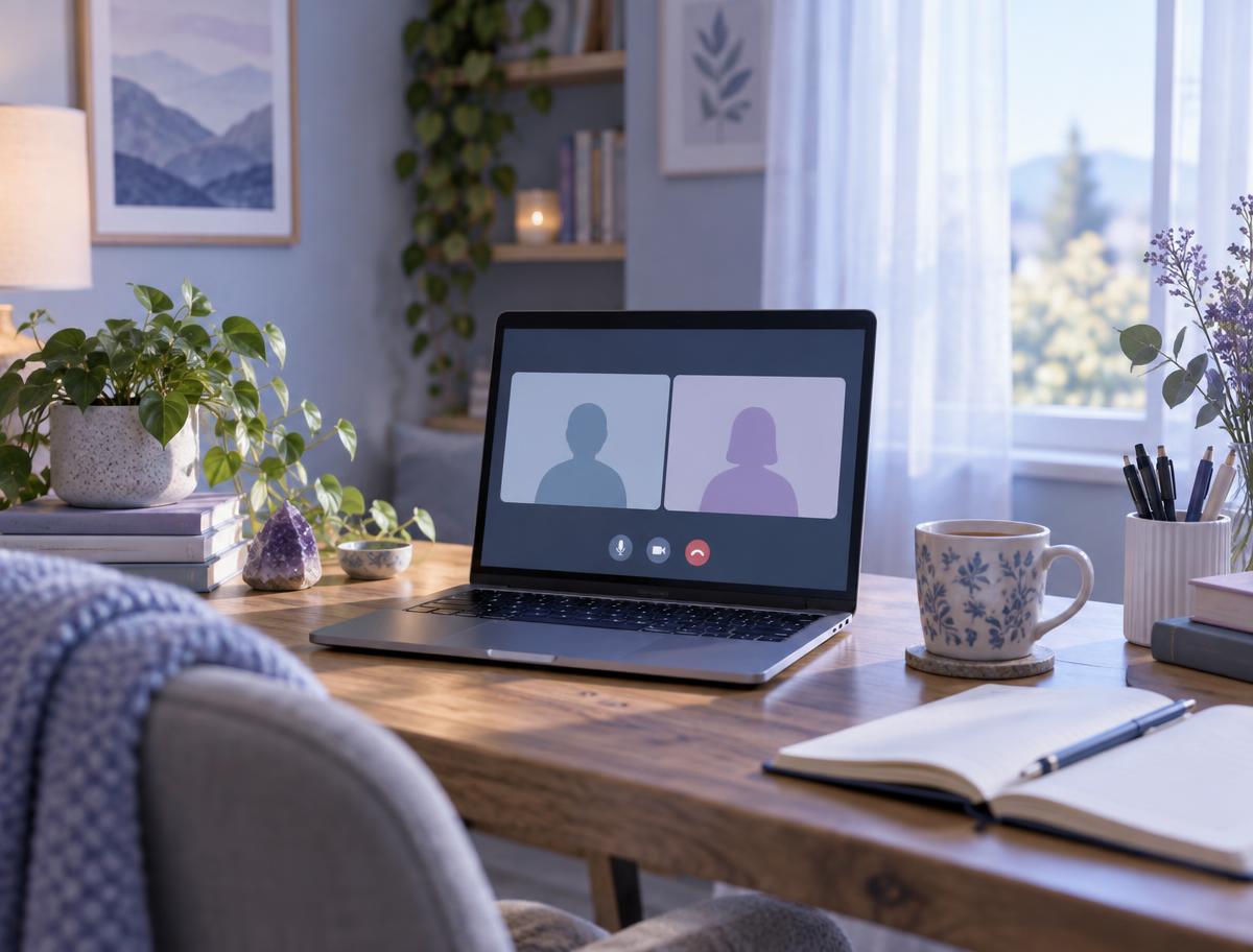 A laptop set up for a virtual therapy session on a wooden desk, with a mug of tea, a notebook, and plants in soft morning light